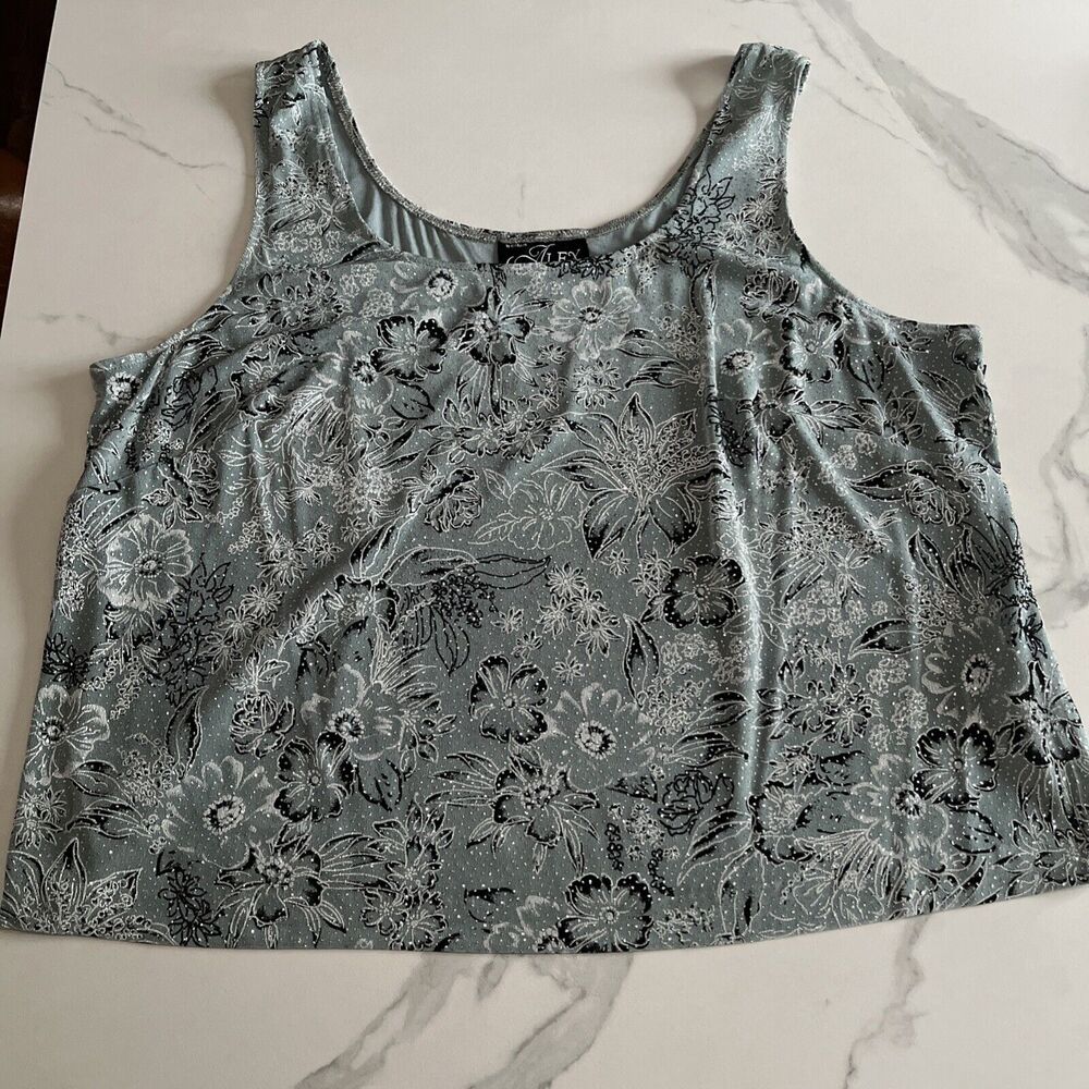 ALEX EVENINGS Blouse Womens 3X Tank Top Sleeveless Sage Green W/ silver Sparkle
